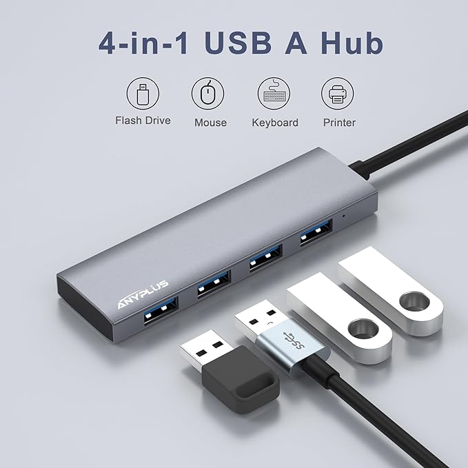 ANYPLUS USB Hub, USB 3.0 Hub Aluminum Alloy Ultra Slim USB Splitter, Portable 4 Port USB Extender, USB Hub for Laptop, PC, MacBook, iMac, Surface Pro, Mac Pro, Flash Drive, XPS 【Grey】