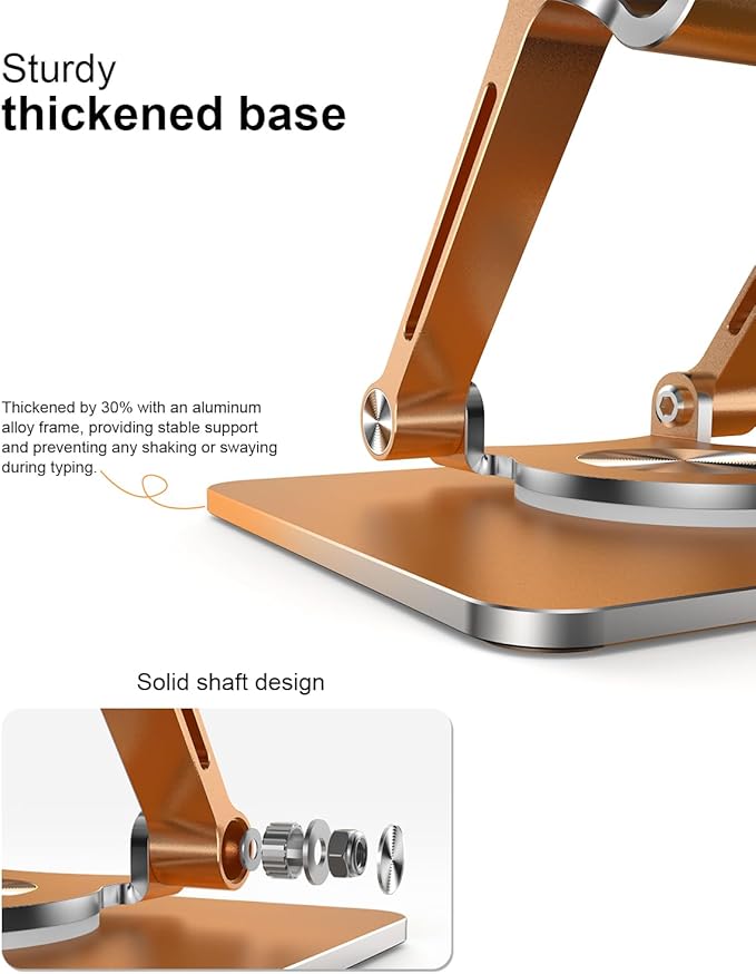 Orlian Tablet Stand Holder with Thickened 360°Rotating Base Dual Rod Adjustable Aluminum Stand for All 5.8-12.9” iPad Samsung Phone Tablet Kindle E-Reader and More, Gold