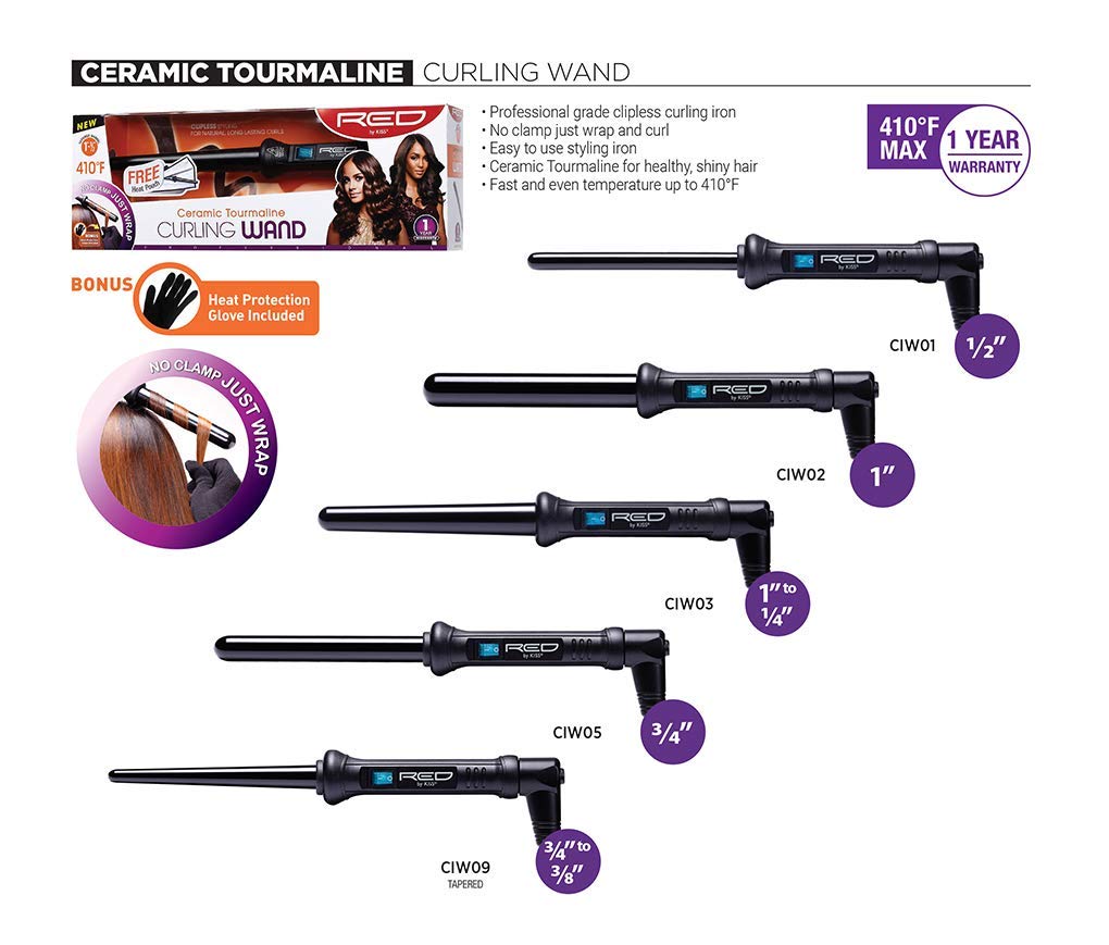 Kiss Red By Ceramic Tourmaline Curling Wand CIW021" inch, Black, 1 Count