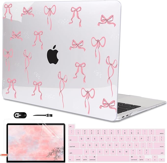 LCMOCICO for MacBook Pro 13 Inch Case 2022 M2 2020 2021 A2338 M1 A2251 A2289 with Touch Bar & Touch ID, Pattern Plastic Hard Case Keyboard Cover Screen Protector Webcam Cover Brush, Pink Bowknot