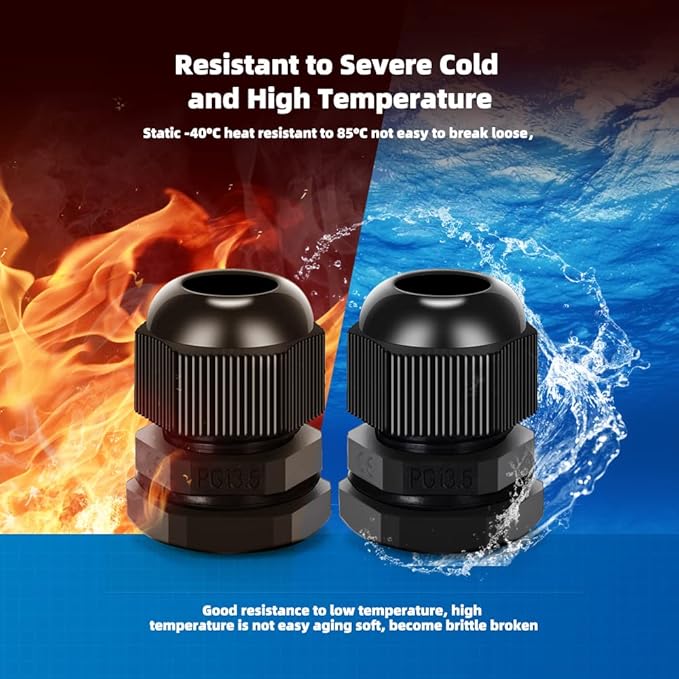 CGELE Cable Gland 20 Pack Plastic Waterproof Adjustable Connector 6-12mm PG13.5 Strain Relief Cord Connectors Joints Nylon with Gaskets