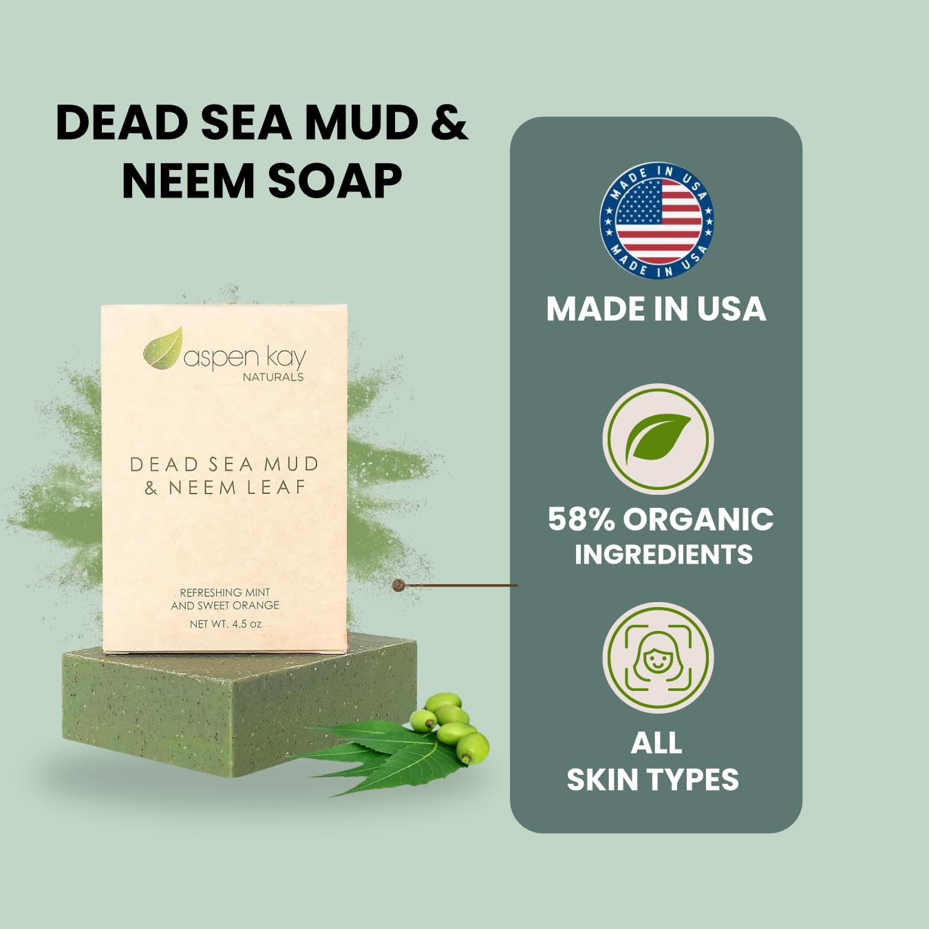 Aspen Kay Naturals Dead Sea Mud and Neem Soap - With Organic Shea Butter & Olive Oil. A Wonderful Neem Face Wash for all Skin Types. Handmade Soap - Made in USA. (3 pack)