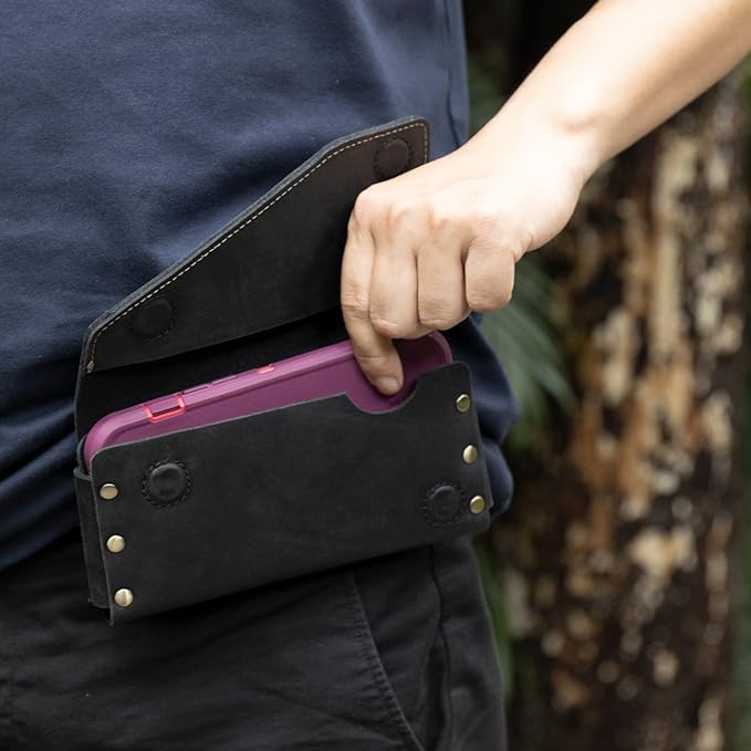 Topstache Belt Loop Leather Cell Phone Holster for iPhone 17/16/15 Pro Max, Galaxy S25/S24 Ultra - Magnetic Closure Cell Phone Pouch - Leather Belt Holder Fit Protective Case on, XL,Black