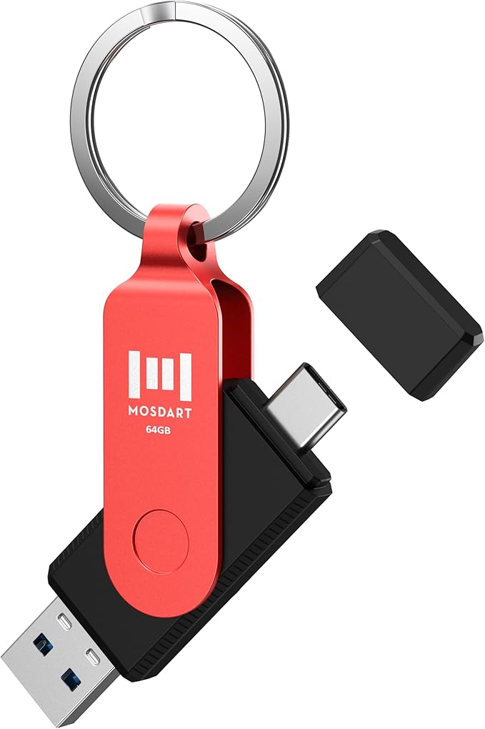 MOSDART 64GB USB C 3.2 Fast Speed C and A Dual Flash Drive, exFAT Memory Stick with Keychain and LED Indicator, for iPhone 15,16,17, Android Phone, iPad, MacBook, and Other Laptops, Red