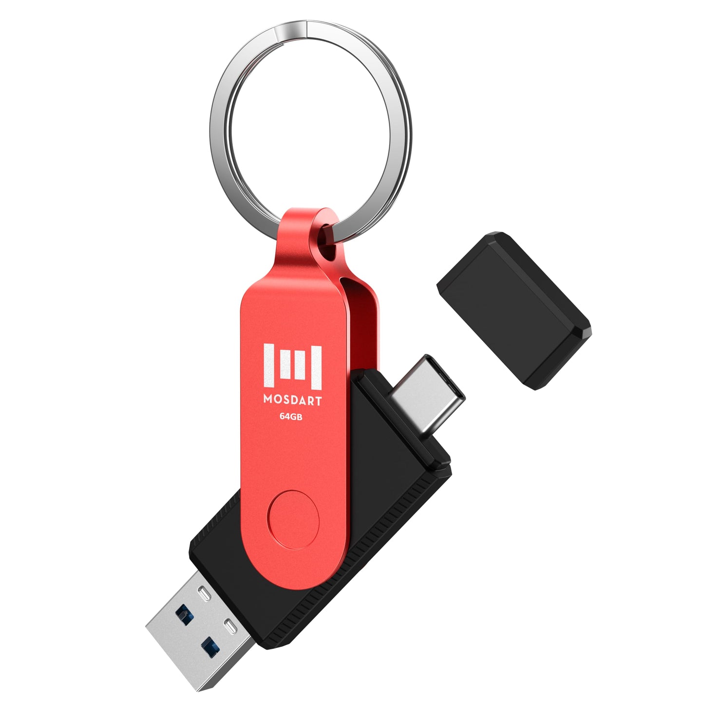 MOSDART 64GB USB C 3.2 Fast Speed C and A Dual Flash Drive, exFAT Memory Stick with Keychain and LED Indicator, for iPhone 15,16,17, Android Phone, iPad, MacBook, and Other Laptops, Red