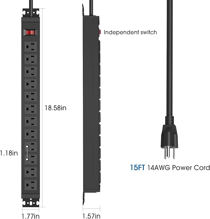 HHSOET Rotating Mountable Power Strip, 12 Outlet Wall Mount Surge Protector, 1200J, Metal Heavy Duty and Versatile Outlet Strip, Stylish Appearance, Sturdy and Durable, 15ft Power Cord.(Black)