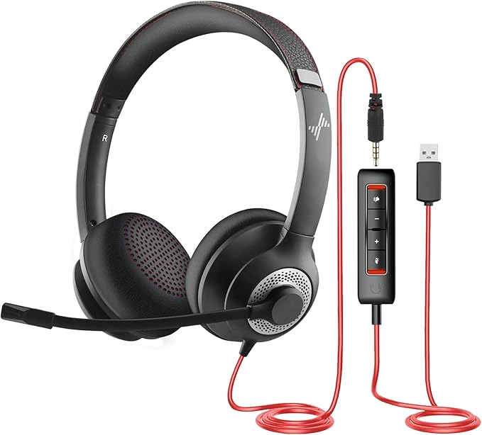 JIAMQISHI USB Headset with Microphone for PC, On-Ear Computer Laptop Headphones with Noise Cancelling Microphone in-line Control for Home Office Online Class Skype Zoom (USB+3.5mm, Black)