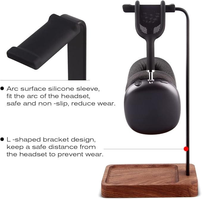PHERKORM Walnut Wood & Aluminum Headset Holder, Desktop Headphone Stand, Universal headphone holder for most music gaming headsets - Black Walnut
