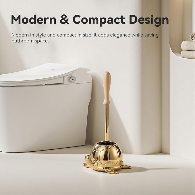 Turtle Base Toilet Brush Set - Gold Ceramic Toilet Scrubber Brush 7.5â Bowl Cleaner with Ergonomic Handle, Mini Cute Bathroom Cleaning Brush - Bathroom Decor