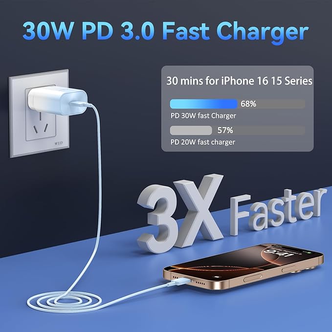 Phone 17 16 15 Charger Fast Charging,30W USB C Phone 17 16 15 Pro Max Charger Block&10FT Long Type C Cable Cord for i.Phone 17/Air/17 Pro/17 Pro Max/16/16 Pro/16 Pro Max/15/15 Pro Max,Blue Gradient