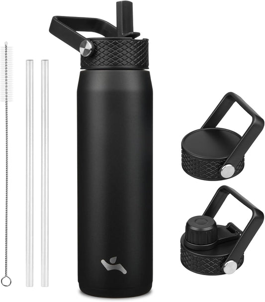 Skiennix 25oz Insulated Stainless Steel Water Bottle - Leakproof BPA-Free with 3 Lids | Black