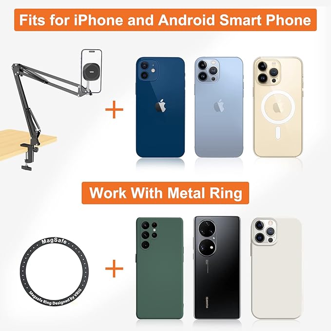 VRIG Overhead Phone Mount Stand for Bed with Magsafe, Articulating Arm Cell Phone Holder for Desk, Cell Phone Holder for Live Streams, Zoom Calls, Online Teaching, Selfies, Remote Working
