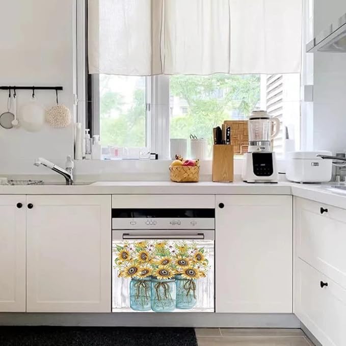 Farm Sunflower Dishwasher Cover Magnet Sticker, Vase Sunflowers Fridge Decal Magnetic Panel, Farm Style Vinyl Home Appliance Cover, Magnetic 23"x17"INCH