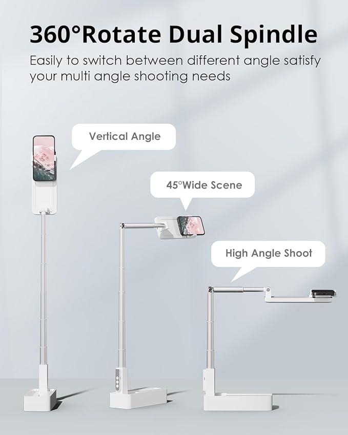 SupeDesk Phone Stand for Recording, Overhead Phone Mount with Light, Selfie Stand,Portable,Extendable,360° Rotate,Adjustable,Wireless Remote,Rechargeable, for 3.5-6.9" Phones, Live Streaming, White