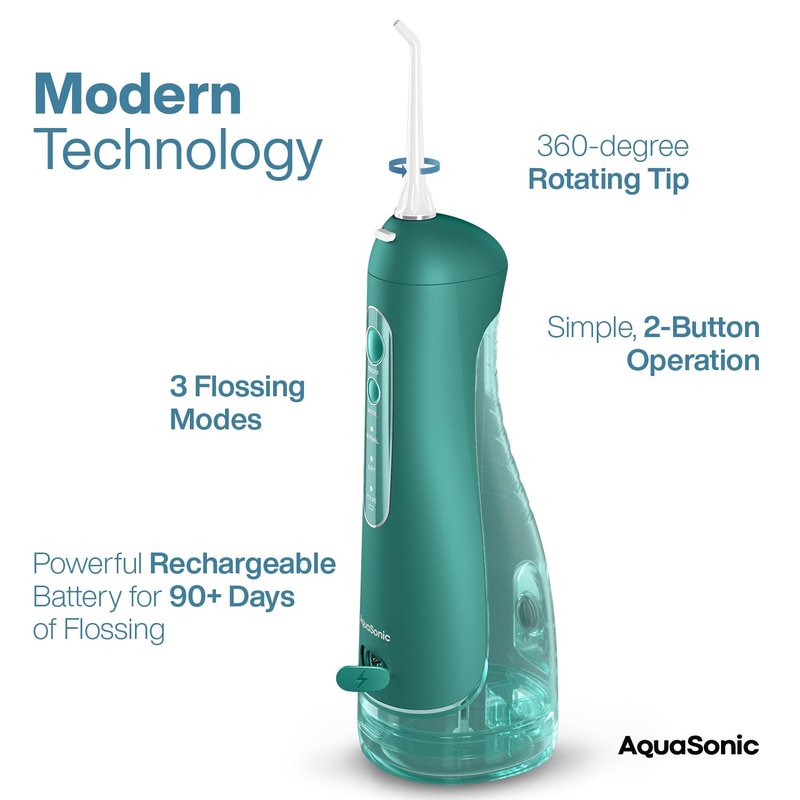 AquaSonic Aqua Flosser PRO - Rechargeable Electric Cordless Water Flosser for Teeth, Gums & Tongue - Waterproof Modern Design, 300ml Large Tank, 3 Modes, 6 Jet Tips, Deluxe Tongue Nozzle - Green