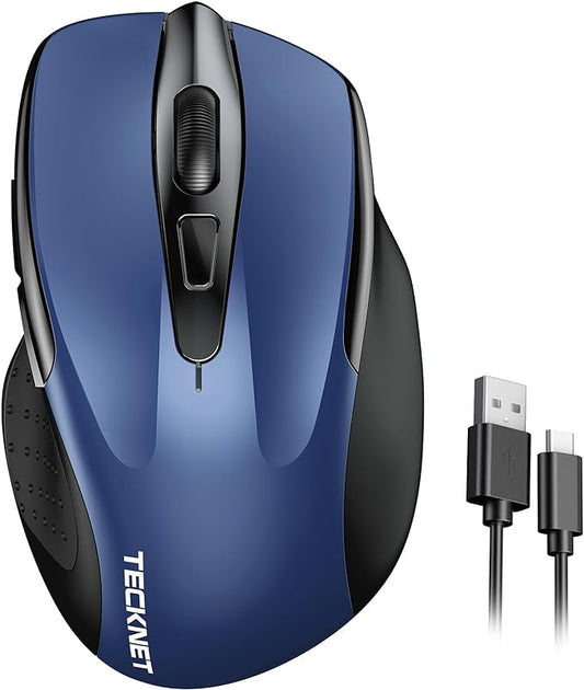 TECKNET Wireless Mouse Rechargeable, 2.4G USB-A Silent Mouse, Quiet Click, 6 Adjustable 4800 DPI, Cordless Computer Mice, Ergonomic Mice for Laptop, 6 Buttons for Chromebook, Ergo Grip - Blue