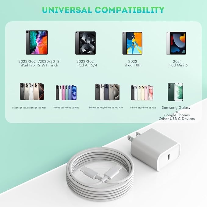 6FT iPhone 17 16 15 Charger Fast Charging, 2Pack 20W USB C Apple Charger Travel Plug Block Phone Charging Cable Cord for iPhone 17 Air/17 Pro/17 Pro Max/16e/16 Pro Max/16 Plus/15/15 Pro/15Pro Max/iPad