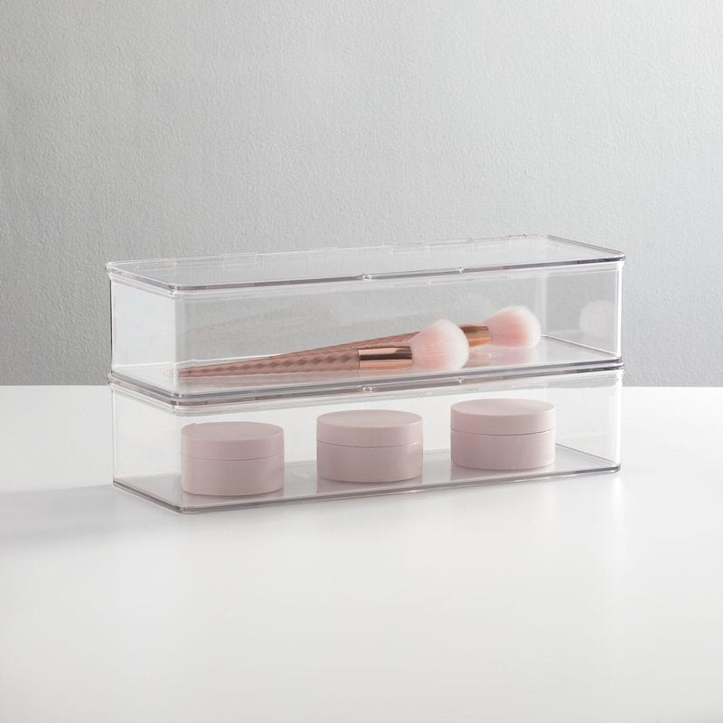 Makeup Storage Organizer Box - Stackable Clear Container for Vanity | Holds Blenders, Palettes & Brushes - 2 Pack