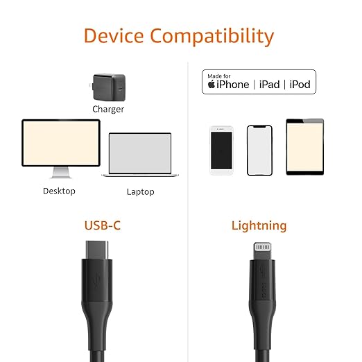 Amazon Basics MFi Certified USB-2.0 Type C to Lightning Cable with Power Delivery, Fast Data Sync, 10 ft, Black