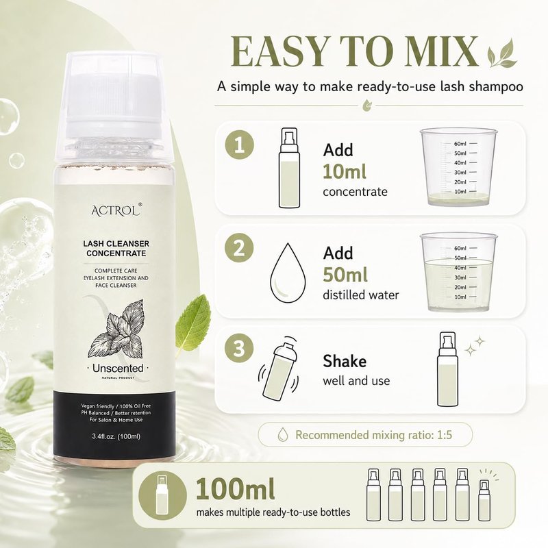 ACTROL Lash Shampoo Concentrate for Lash Extensions, 100ml Advanced Formula Foaming Eyelash Cleanser Concentrate Professional Salon Lash Bath Wash - Makes Multiple Bottles