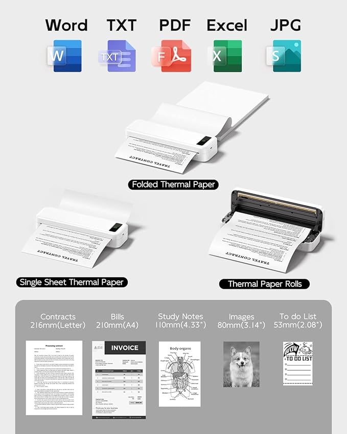 Portable Printers Wireless for Travel, A285M Bluetooth Inkless Thermal Printer, Support 8.5" X 11" US Letter & A4, Small Mobile Printer with Carry Case and 4 Rolls Thermal Paper, for Home Car Receipt