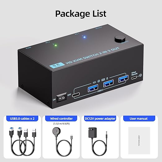 HDMI KVM Switch 3 Monitors 2 Computers 8K@60Hz/4K@120Hz, USB3.0 KVM Switches 2 Computers for 2 PC Sharing Triple Monitor and Keyboard Mouse, Wired Controller and USB Cables Including