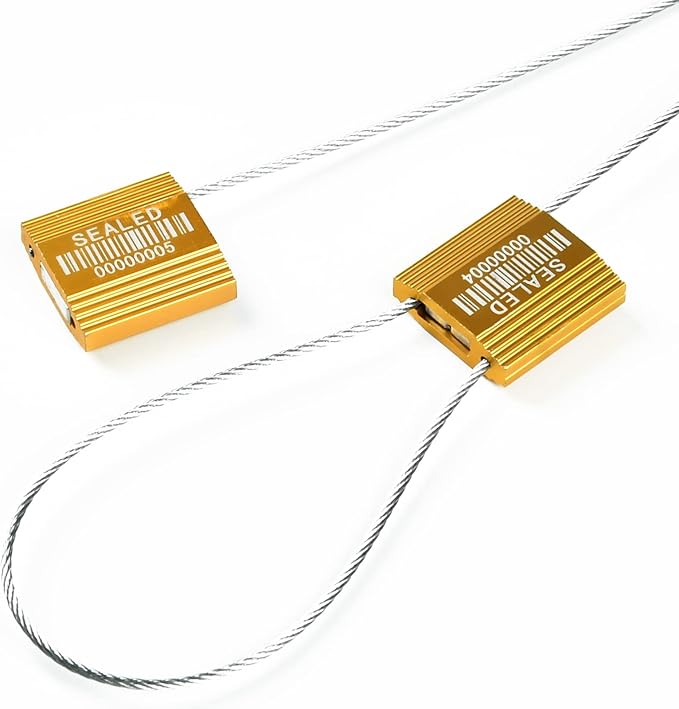 LeadSeals 100 Yellow Steel Cable Seals with Barcode, ISO 17712 Security Seals: Truck Seal, Anti-Tamper Pull Tite Tags, Self-Locking Safety Ties