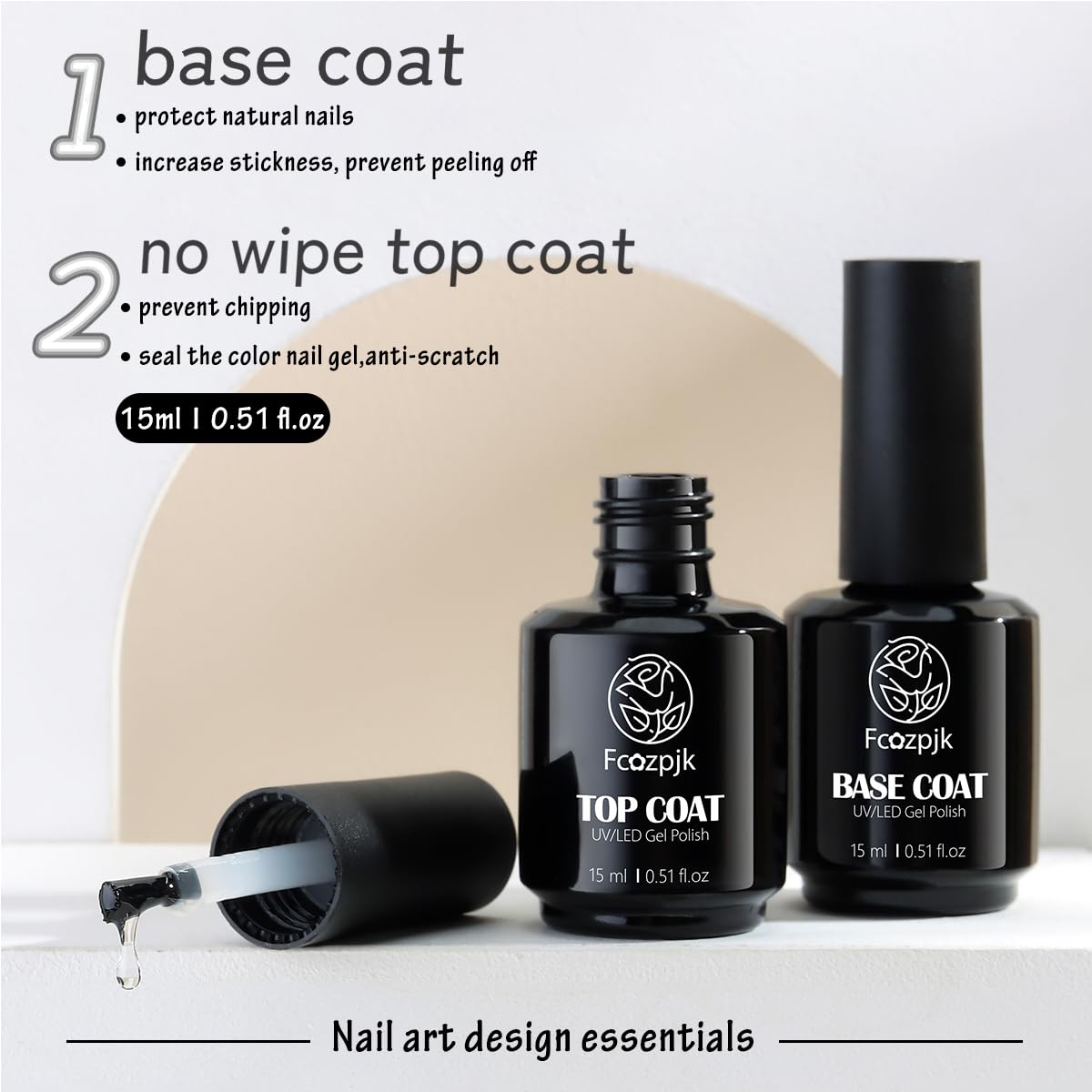 Fcozpjk Gel Top Coat, 2Pcs 15ml No Wipe Top Coat and Base Set Glossy Finish Shiny Top Nail Polish Soak Off Clear Base Gel Manicure Art Supplies