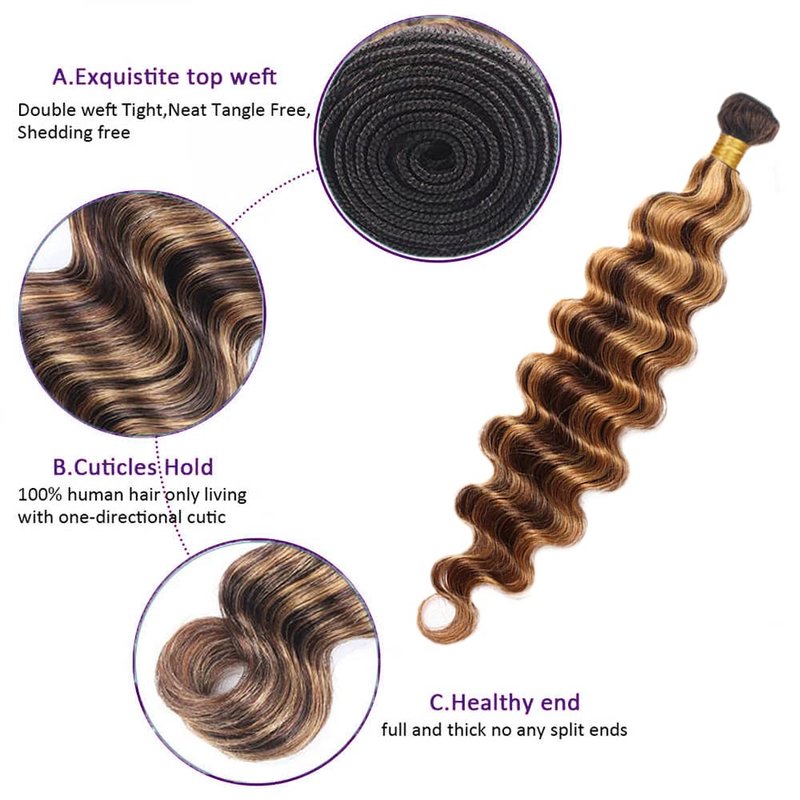 P4/27 Highlight Blonde Bundles Human Hair Deep Wave Bundles Human Hair 18 20 22 Inch Brazilian Hair 3 Bundle Brown Unprocessed Virgin Remy Hair Extensions 50 Gram Per Bundle