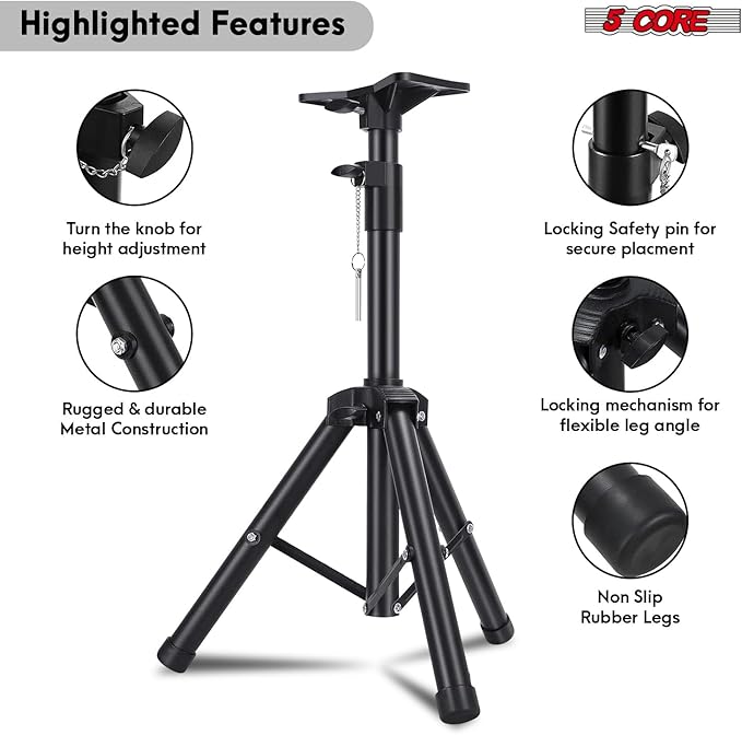 5 Core Speaker Stand Universal Mount Steel Alloy Construction 132 Lbs Capcity Stable Tripod w/Adjustable Height 36” w 35mm Compatible Insert Metal Safety Pin Black