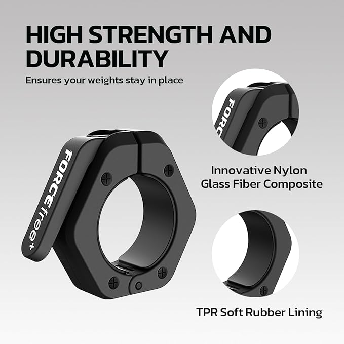 Forcefree+ Barbell Clips (Pair), Barbell Clamps, Quick Release Olympic Barbell Clamps with Anti Slip TPR Grip, Barbell Collars for Secure Weightlifting & Powerlifting (Non Magnetic, Black)