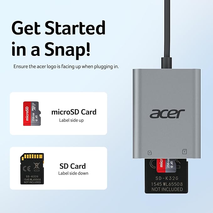 Acer SD Card Reader USB C, Dual Slots Type C to Memory Card Reader, Aluminum Micro SD Card Camera Adapter for MicroSD, SDHC, SDXC, Compatible with iPhone17/16/15, MacBook Neo/Pro/Air, iPad, Laptop