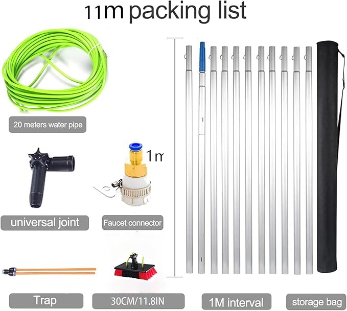 11m/36ft Window Cleaning Pole, Water Fed Telescopic Brush, Water/Hose Fed Pole, Cleaning Photovoltaic and Solar Panels / 11m Rod / 30cm Brush Head