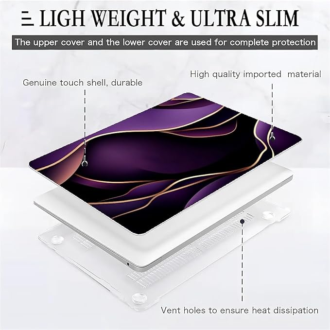 COTAIL Compatible with MacBook Air 13.3 13.6 Inch Case 2022 2021 2020 2019 Plastic Hard Shell Case Cover,13.3 Pro(A1706/A1708/A1989/A2159/A2289/A2338), Purple and Gold Color Line