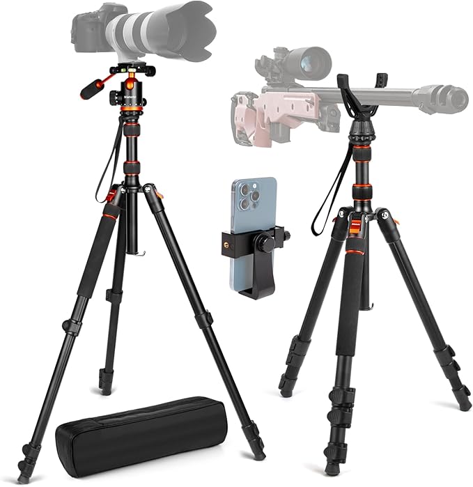 Nietoto 2 in 1 Camera Tripod & Hunting Stand Foldable, 68" Ball Head Tripod for Camera and Phone, Heavy Duty Tripod for DSLR Camera Lasers Binoculars Telescope Spotting Scope, Min Size 16.5" with Bag