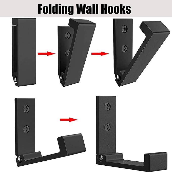 Latomex Folding Coat Hooks, Foldable Wall Hooks for Hanging Aluminum Alloy Cloth Hanger Coat Hanger Headphones Holder Headset Wall Hanger Hook- Pack of 6 (Black)
