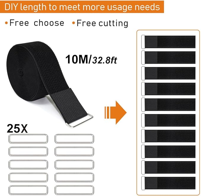 YMCRLUX 2" x32ft Reusable Cinch Strap with 20 Metal Buckles, Cut-to-Length Fastening Securing Straps, Adjustable Nylon Cable Straps and Cord Ties for Organizer or Storage, 2 inch Wide, Black