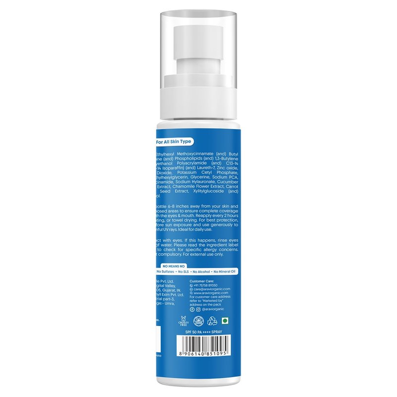 Aravi Organic Dual Mineral Sunscreen Spray Mist SPF 50 - Lightweight, Water Resistant, No White Cast | 3.3 fl oz