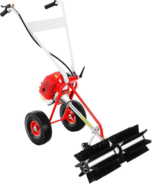 43CC 2-Stroke Gas Push Lawn Sweeper Broom, 1.7HP Gas Walk Behind Push Lawn Sweeper Handheld Walk Behind Snow Sweeper Broom Portable Driveway Turf Grass Cleaning Tool for Garden Yard Sidewalk