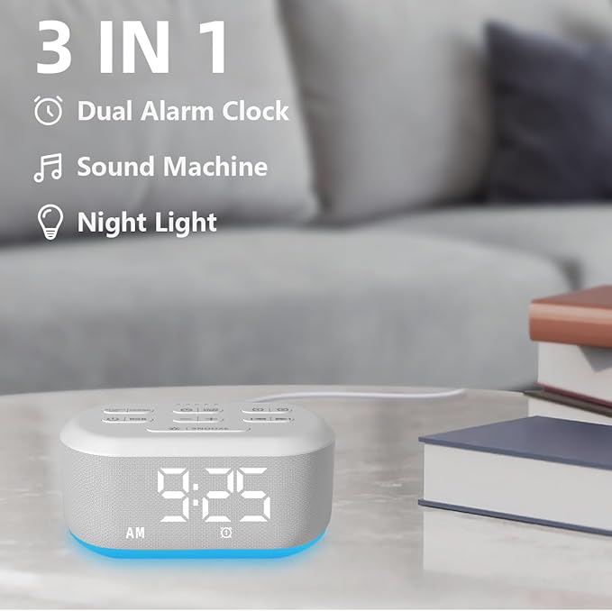 Small Digital Alarm Clock for Bedroom White Noise Sound Machine with 30 Soothing Sound Plug in Desk Bedside Clock with NightLight Battery Backup 15 Wake up Sound Clock for Teen Kid Heavy Sleeper