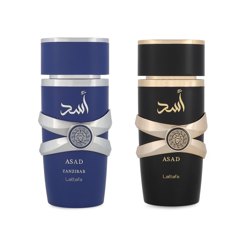 Lattafa Asad 5th Anniversary Edition – Spicy, Woody, Amber, Sweet – 2 Piece Eau de Parfum Gift Set for Men (Asad + Asad Zanzibar, 2 × 3.4 Ounce / 100 ml Sprays)