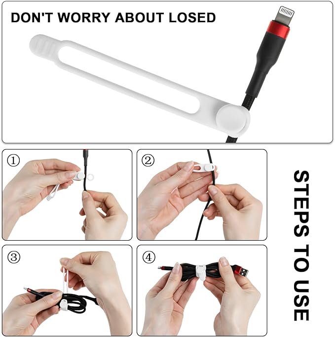 Nearockle 16Pcs Silicone Cable Ties Cord Organizer for Bundling Earphone, Phone Charger, Computer Cords, Reusable Wire Cable Management in Home,Office,Kitchen,School,Travel (White)