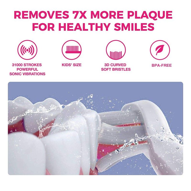 Vekkia Sonic Rechargeable Kids Electric Toothbrush, 3 Modes with Memory, Fun & Easy Cleaning, 24000 Strokes, IPX7 Waterproof, 2-Min Timer for Age 5+, 4 Soft Bristles(Pink)
