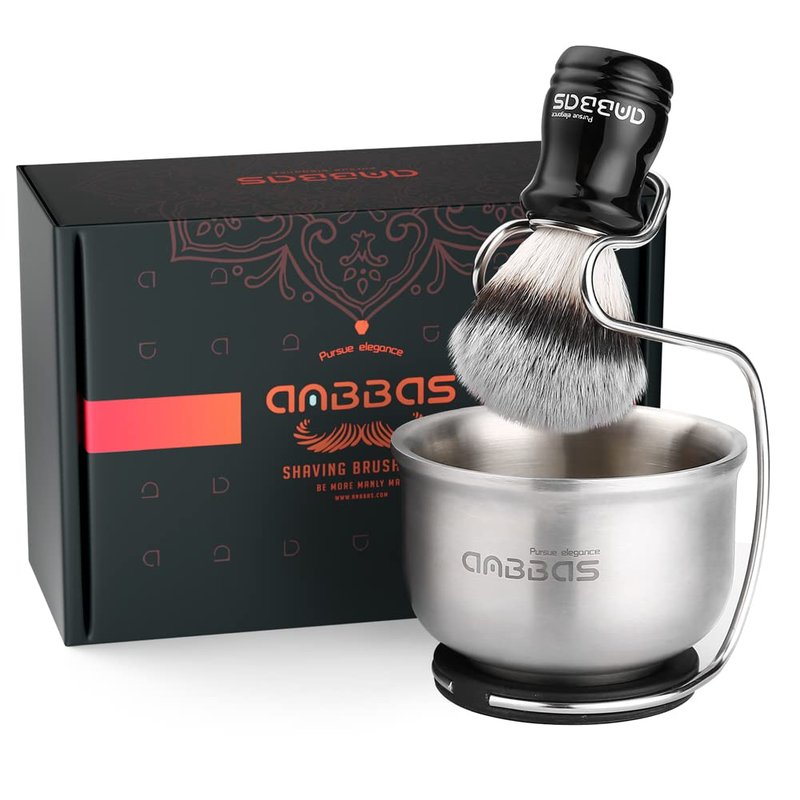 Anbbas Synthetic Badger Hair Shaving Brush,Stainless Steel Shaving Soap Bowl and Higher Brush Holder Stand Set for Men Wet Shave