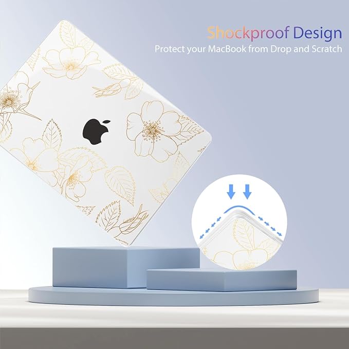 Teryeefi for MacBook Air 13.6 inch Case M5 M4 M3 M2 2022 2023 2024 2025 Model A2681 A3113 A3240 A3449 Plastic Hard Shell Cover with Screen Protector & Keyboard Cover & USB Adapter, Gold Flower Leaf