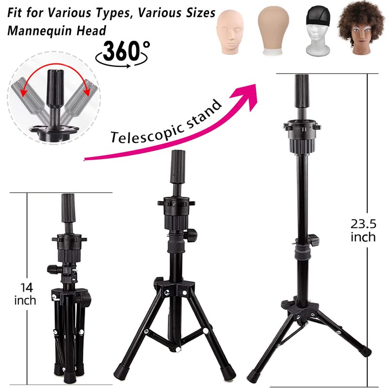 LUNGCYX 23Inch Wig Stand Tripod,Canvas Wig Head Stand Mannequin Head Foldable Wig Stand Set for Making Display with Table Clamp,Wig Cap & T Pins