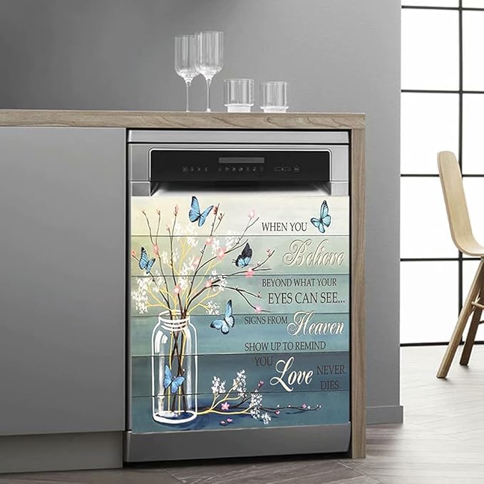 Floral Butterfly Dishwasher Magnet Cover -When You Believe Beyond What Your Eyes Can See Decals Magnetic Decoration,Flower Vase Dishwasher Magnets Decal for Home Kitchen Appliance Decor 23"x17"
