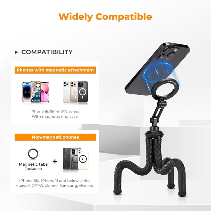 K&F CONCEPT Flexible Tripod, Magnetic Flexible Phone Stand with Wireless Remote, Mini Vlogging Tripod, Compatible with iPhone 17 Pro Max/16/15/14/13/12 All Phones and Actions Camera.