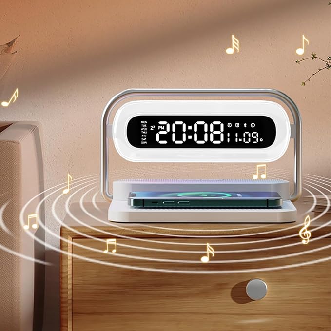 OTXKOO 4-in-1 Multifunction Mobile Wireless Charger with Colorful Night Lights, Bluetooth Speaker, Digital Clock Alarm ; M11