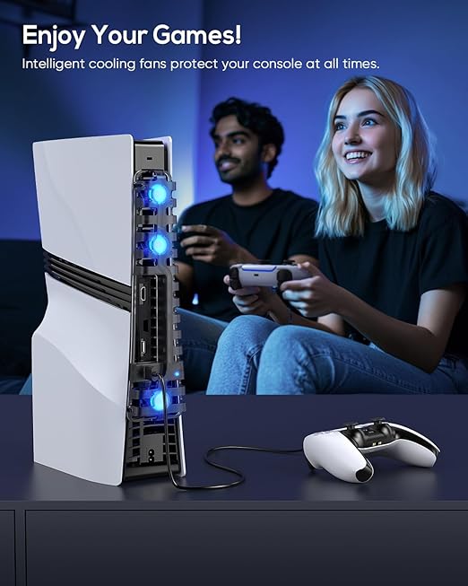 PS5 Pro/Slim Auto Cooling Fan with USB 3.0 Port, Adjustable 3 Speed, LED Light, Memory Function, Quiet and Efficient Cooling System